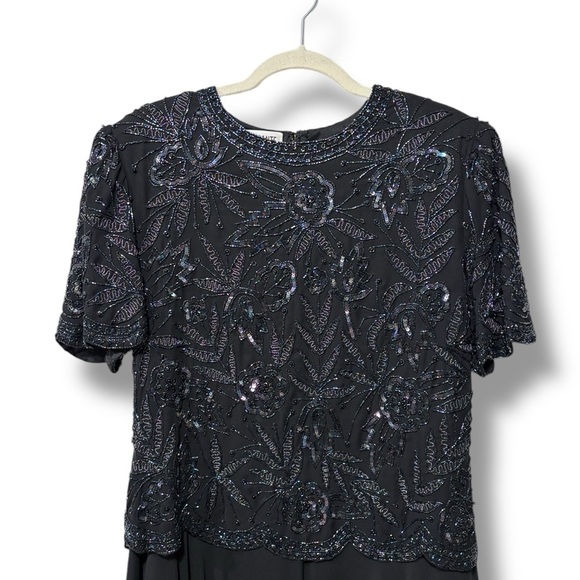 Brilliante Silk Vintage Black Beaded Embroidered Floral Elegant Dress Size Large - Picture 5 of 10